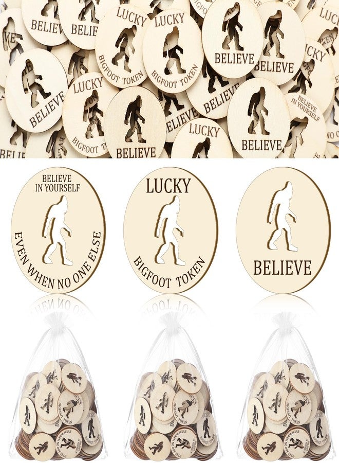 Kathfly 120 Pcs Bigfoot Sasquatch Gift for Men Valentine Lucky Bigfoot Wooden Token Bulk with 3 Organza Bag Inspirational Advent Accessory Gift for Birthday Party - Image 1